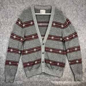 Vintage 1970s Cardigan Sweater Men's Medium Striped Gray Knit Mod Grandpa